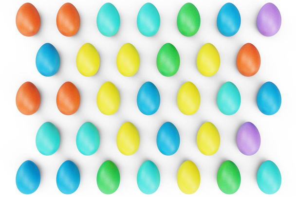 Patroonkleur rijke paaseieren, pastelkleur, Multi kleur eieren: roze, blauw, geen, oranje, geel. Concept Easter Egg Hunt op zondag. Pasen symbool vakantie in april, 3D illustratie - Foto, afbeelding