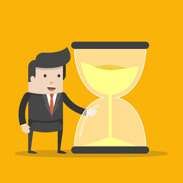 Ilustración vectorial de empresario o gerente mira el reloj de arena. Concepto de gestión del tiempo. Estilo de dibujos animados plana sobre fondo naranja
 - Vector, Imagen