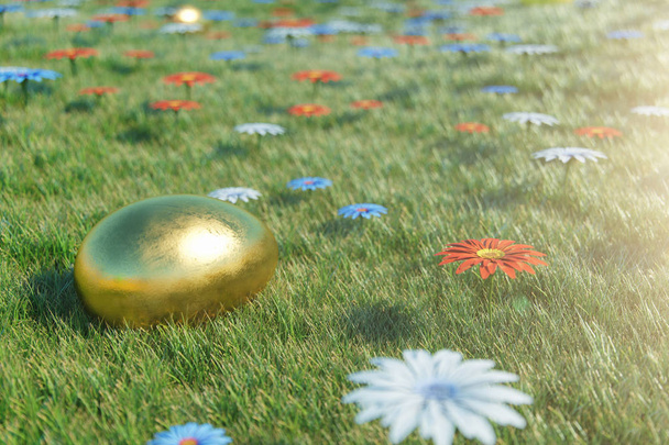 Huevo de oro en un prado en un día soleado con flores. Huevos de Pascua en la hierba, césped. Concepto de caza de huevos de Pascua en domingo. Fiesta del símbolo de Pascua en abril, ilustración 3D
 - Foto, Imagen