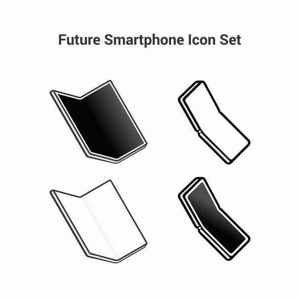 Conjunto de iconos en blanco y negro sobre fondo blanco. Inteligente del futuro. Smartphone plegable con una pantalla grande sin marco. Flexión de pantalla moderna
 - Vector, imagen