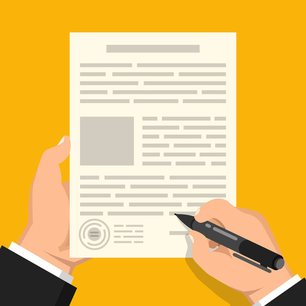 Businessman hand holding pen and signing business contract. Flat vector illustration over yellow background - Vector, Image