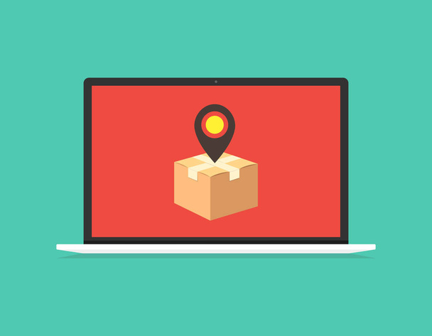 Laptop with cardboard box and pin on screen. Vector illustration over teal background - Vector, Image