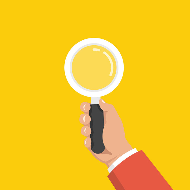 Hand holding a magnifying glass. Flat cartoon style. Vector illustration over yellow background. - Vector, Image