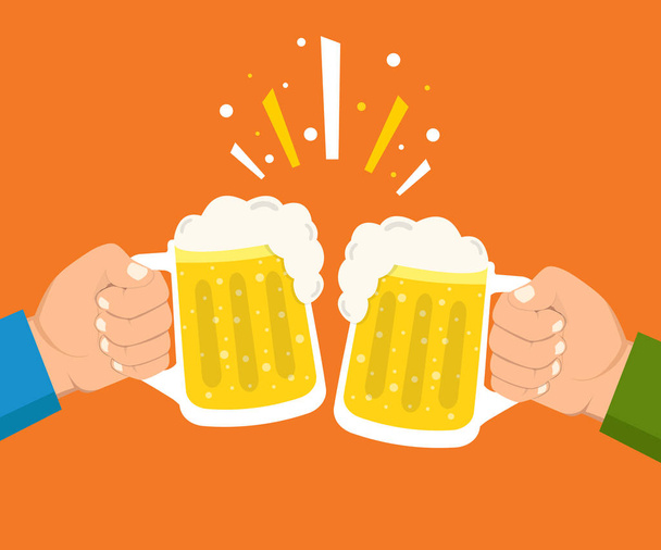 zwei Hände, die Biergläser halten. Konzept des Bierfestes. flacher Cartoon-Stil. Vektorabbildung über rotem Hintergrund - Vektor, Bild