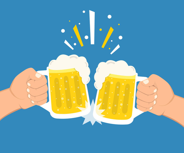 Twee handen met bierglazen. Concept van bierfestival. Platte cartoon stijl. Vectorillustratie over blauwe achtergrond - Vector, afbeelding
