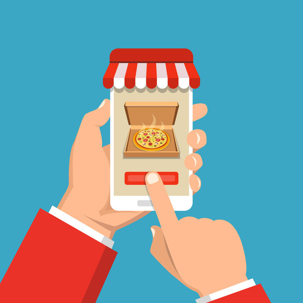 Ilustración vectorial de pizza pedido en línea. Smartphone de mano con pizza en la pantalla sobre fondo azul
 - Vector, imagen