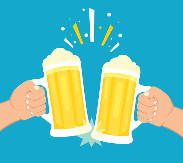 Two hands holding beer glasses. Concept of Beer Festival. Flat cartoon style. Vector illustration over blue background - Vector, Image