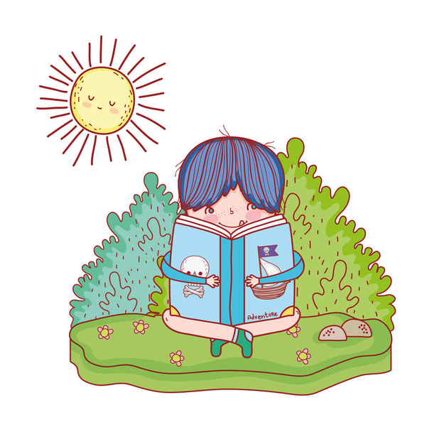 heureux petit garçon lecture livre dans le paysage
 - Vecteur, image