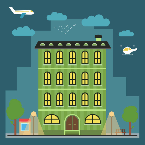 Прекрасный красочный дом в центре города, облака, птицы, самолет и другие городские детали
. - Вектор,изображение
