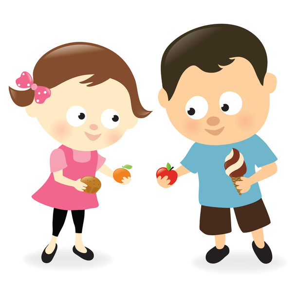 Girl and boy sharing sweets and fruits - Вектор, зображення