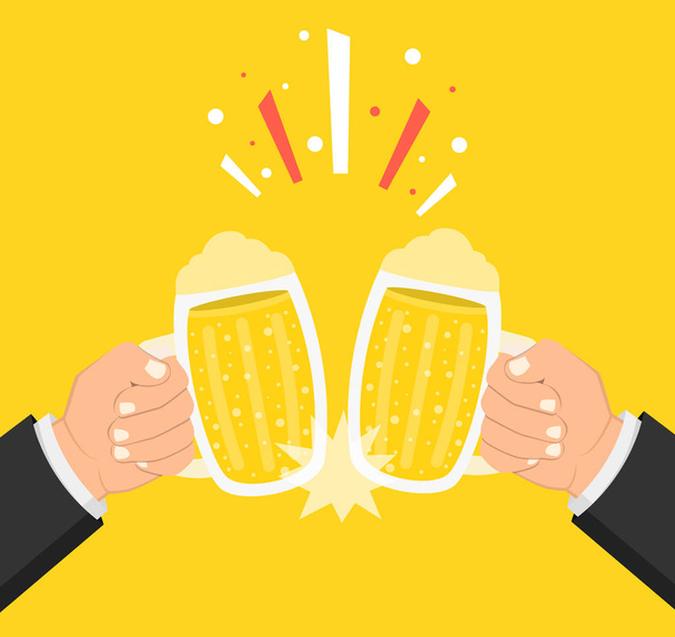 Due mani che tengono bicchieri di birra. Concetto di Festival della Birra. Stile fumetto piatto. Illustrazione vettoriale su sfondo arancione
 - Vettoriali, immagini