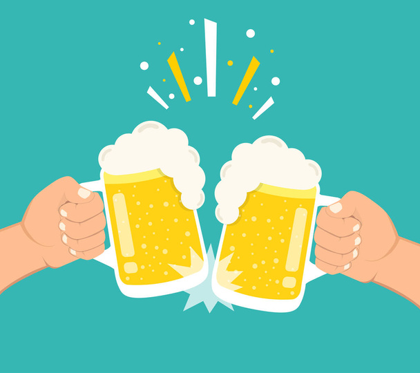 2 つの手は、ビールのグラスを保持しています。ビール祭りのコンセプトです。フラットな漫画のスタイル。青緑背景上のベクトル図 - ベクター画像