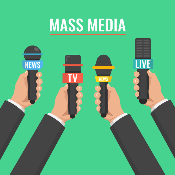 vector illustration of hands holding microphones. Mass media interview concept - Vector, Image
