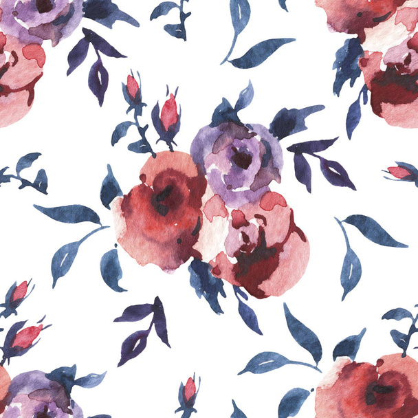 Vintage Watercolor Seamless Pattern of Roses and Wildflowers - Photo, Image
