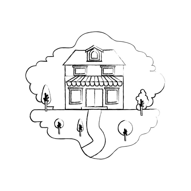 монохромний розмитий силует сцени природного ландшафту і будинку з двома поверхами з горищем і тентом
 - Вектор, зображення