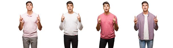 Collection of young man surprised pointing up to show something - Photo, Image