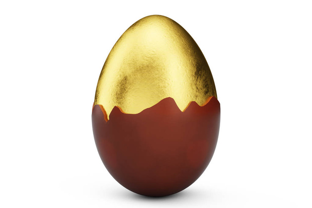 Huevo de lujo dorado cubierto de chocolate. Huevo de Pascua. Huevo de chocolate roto y quebrado. Huevo de chocolate dulce, vacaciones y símbolo de Pascua, ilustración 3D
 - Foto, Imagen
