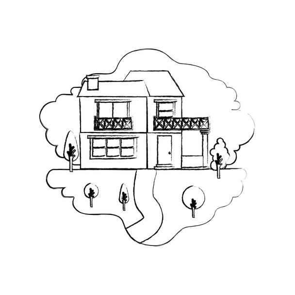 монохромний розмитий силует сцени природного ландшафту і заміського будинку з двох поверхів і балкона
 - Вектор, зображення