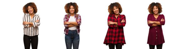 Collection of young black woman crossing arms, smiling and relaxed - Photo, Image