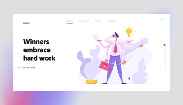 Multitasking Efficient Business Success Concept with Businessman Character Having Six Hands Doing Several Actions. Landing Page with Productive Man for Website, Web Page. Flat Vector Illustration - Vector, Image
