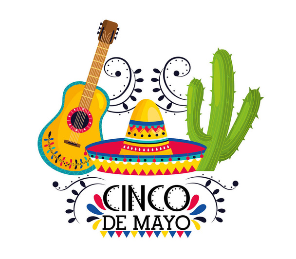 hat with guitar and cactus plants to event - Vector, Image