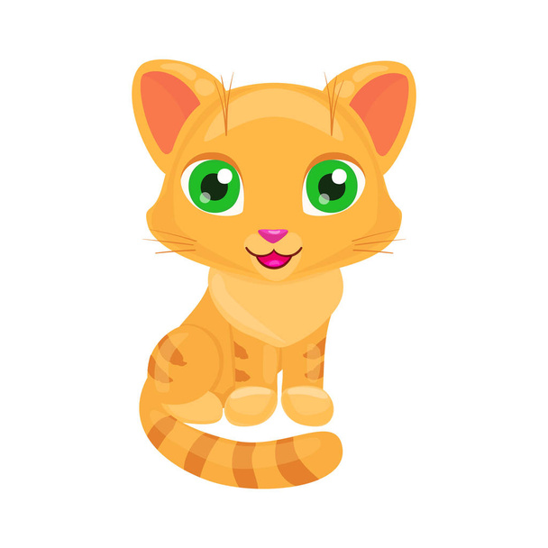 Aranyos vörös macska macska bájos zöld szemek, és boldog mosollyal elszigetelt fehér background. Kitty rajzfilmfigura.  - Vektor, kép