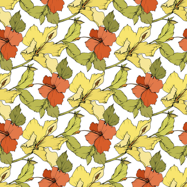 Vector Hibiscus flor botánica floral. Arte de tinta grabada. Patrón de fondo sin costuras. Textura de impresión de papel pintado de tela
. - Vector, Imagen