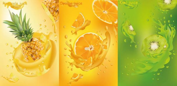 Fruit juice, pineapple, kiwi, orange. Fresh fruits. Fruit splashes close up. Vector graphics. - Vector, Image
