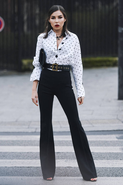 Paris, France - March 01, 2019: Street style outfit -  Karina Nigay before a fashion show during Paris Fashion Week - PFWFW19 - Фото, изображение