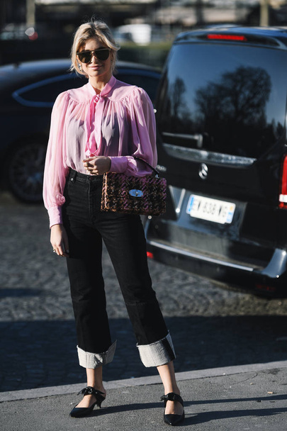 Paris, France - February 27, 2019: Influencer Xenia Adonts before a fashion show during Paris Fashion Week - PFWFW19 - Zdjęcie, obraz