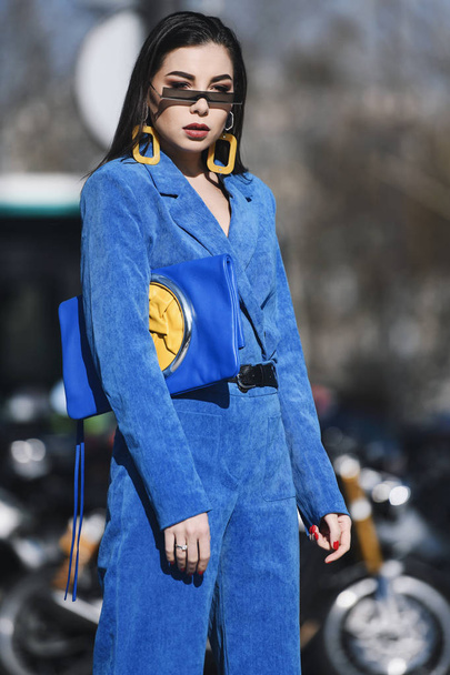 Paris, France -February 27, 2019: Street style outfit -  Karina Nigay before a fashion show during Paris Fashion Week - PFWFW19 - Zdjęcie, obraz