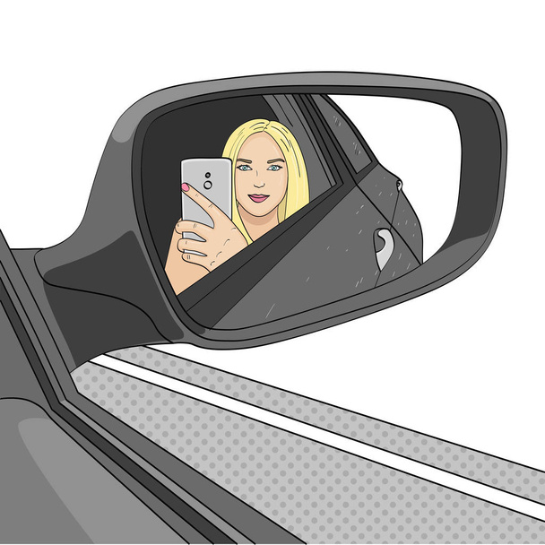 Una chica joven, una rubia está haciendo una foto selfie en el espejo de una vista lateral de un coche. Raster Sobre un fondo blanco
 - Foto, Imagen
