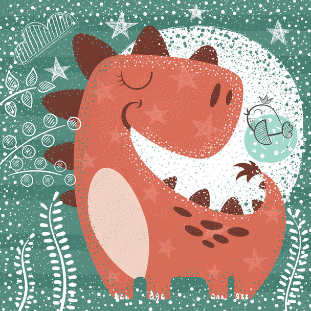 Cute funny dino - textured illustration - Vector, Imagen