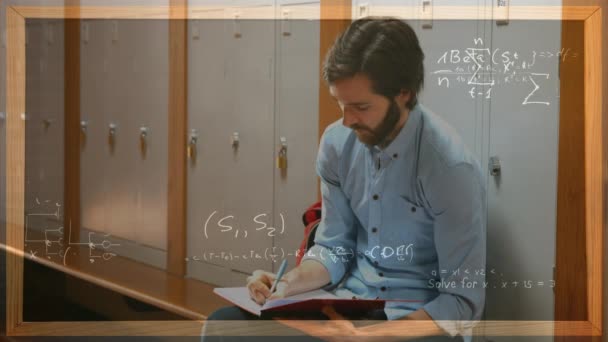 Digital composite of a student working in the corridor while leaning against lockers with digital calculations on the foreground - Filmati, video
