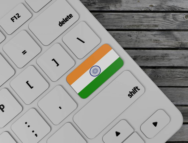 India flag enter key on white keyboard, on wood background. 3d render - Photo, Image