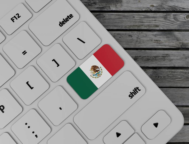 Bandeira do México digite a tecla no teclado branco, no fundo de madeira. Renderização 3d
 - Foto, Imagem