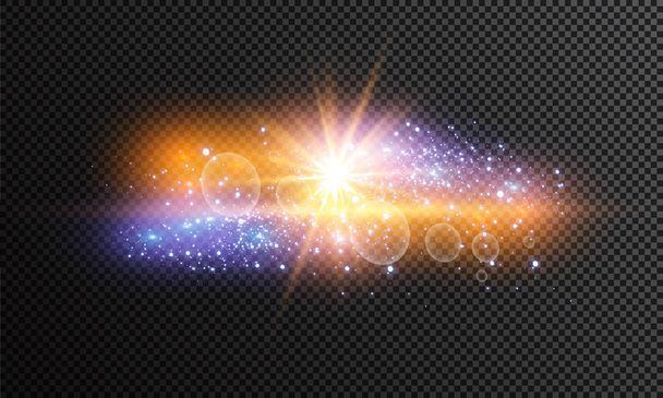 Ilustración vectorial de rayos de luz de llamarada abstracta. Un conjunto de estrellas, luz y resplandor, rayos y brillo. Efecto de luz brillante. Ilustración vectorial. Navidad flash Concepto - Vector, imagen