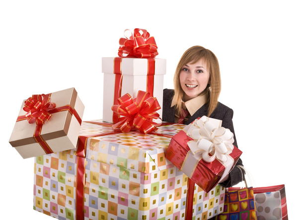 Bizneswoman z pudełkiem prezentów. - Zdjęcie, obraz