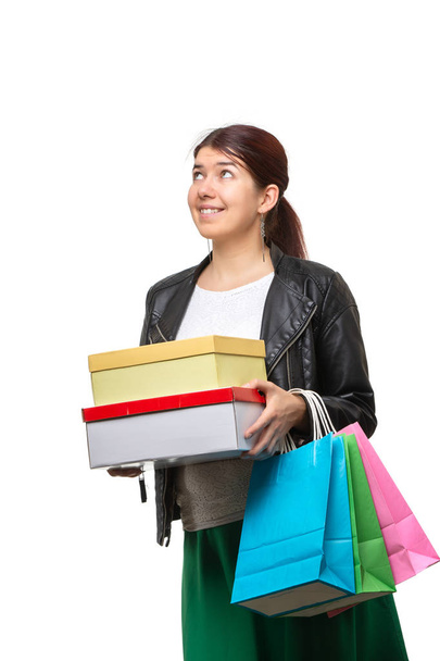 Šťastná mladá žena s nákupní tašky a boxy - Fotografie, Obrázek