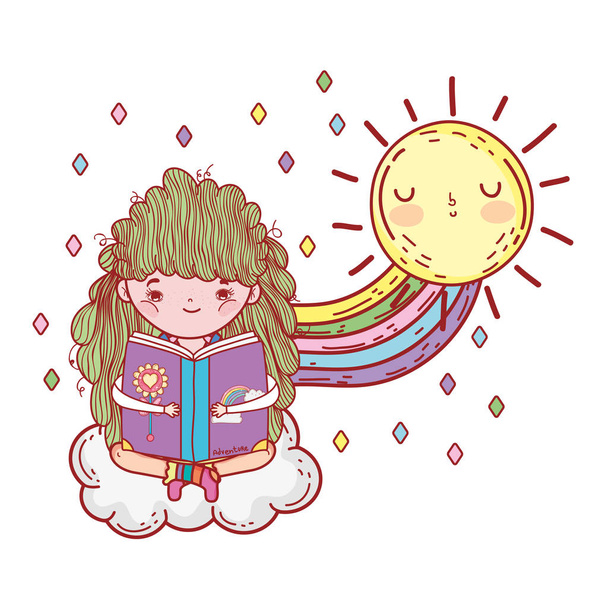 девушка читает книгу с радугой и солнце kawaii
 - Вектор,изображение