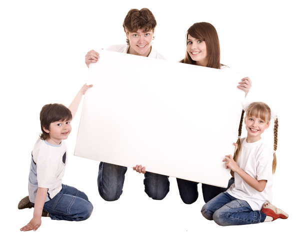 Happy family with white banner. - Фото, изображение