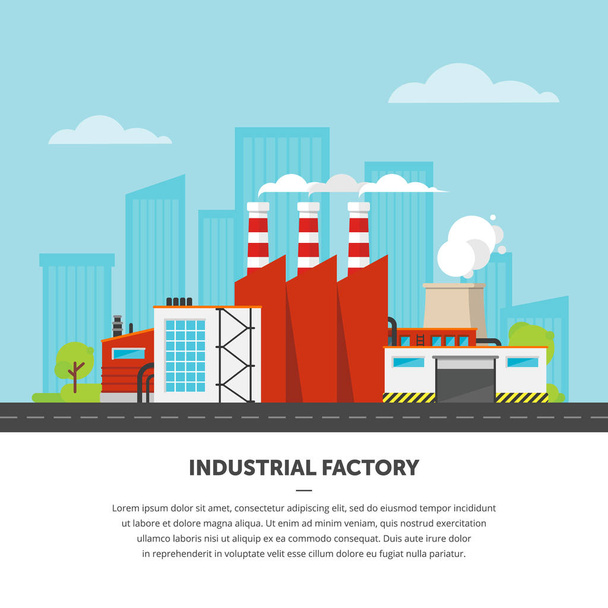 Fabriek op de achtergrond van het stadsbeeld. Industriële illustratie in vlakke stijl. - Vector, afbeelding