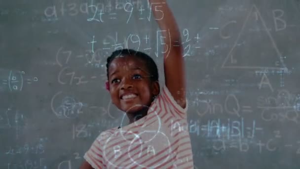 Digital animation of African-american schoolchild raising hand with mathematical information animation on the foreground - Materiał filmowy, wideo