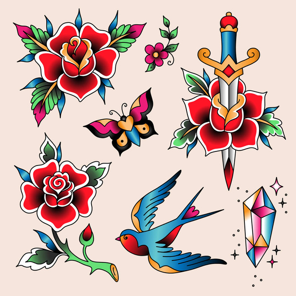 tattoo set rose - Vector, Imagen