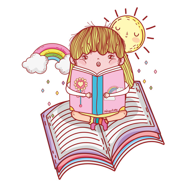 Mädchen lesen Buch mit Regenbogen und Sonne kawaii - Vektor, Bild