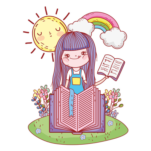 heureuse petite fille lecture de livres avec arc-en-ciel
 - Vecteur, image