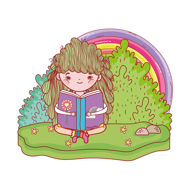 щаслива маленька дівчинка читає книгу з веселкою
 - Вектор, зображення