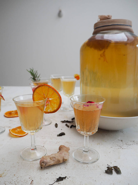 Multiple glasses with a variety of flavored kombucha tea - Photo, Image