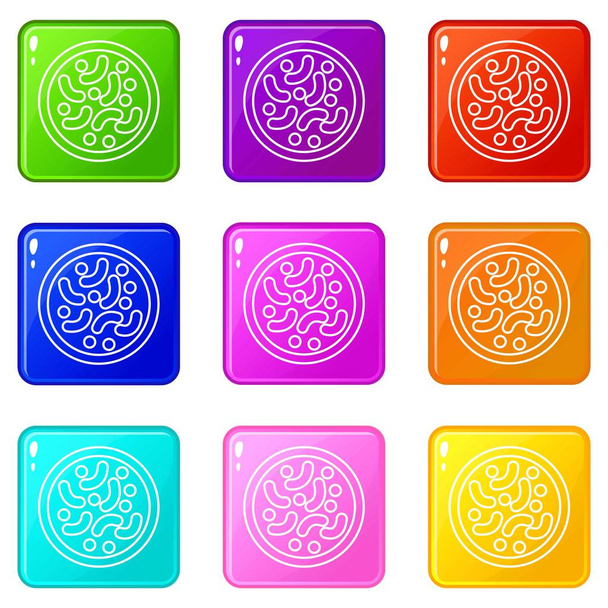 Mikroskopijne bakterie ikony zestaw 9 kolorów kolekcji - Wektor, obraz