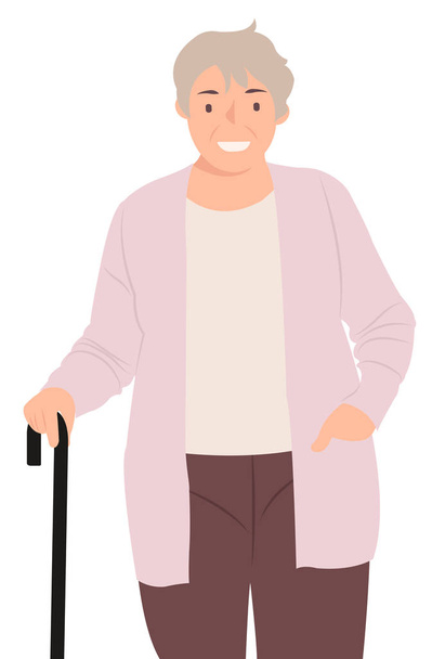 Desenhos animados pessoas personagem design mulher idosa segurando uma caminhada
  - Vetor, Imagem